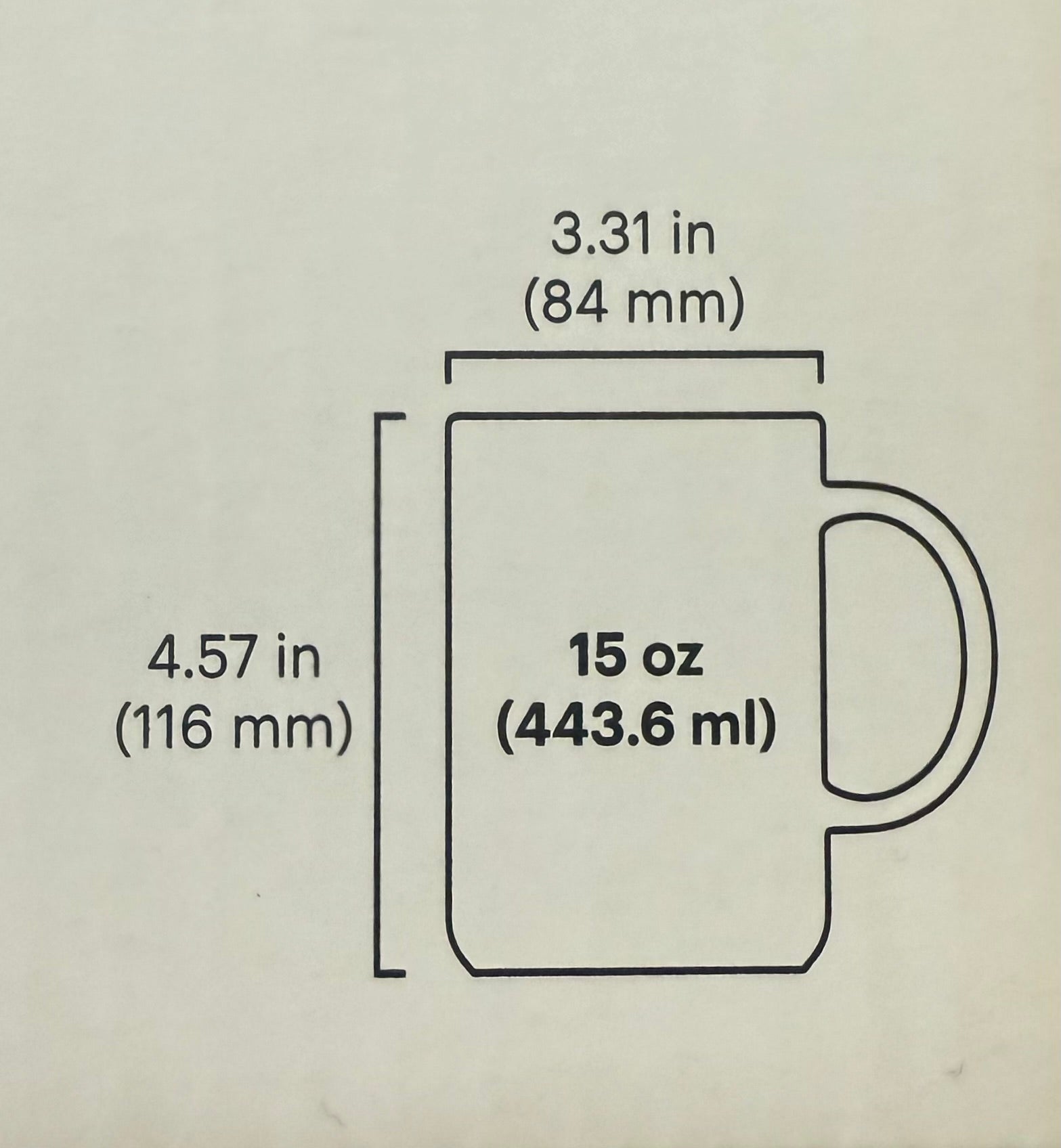 Measurement chart of a 15 oz mug with dimensions in inches and millimeters