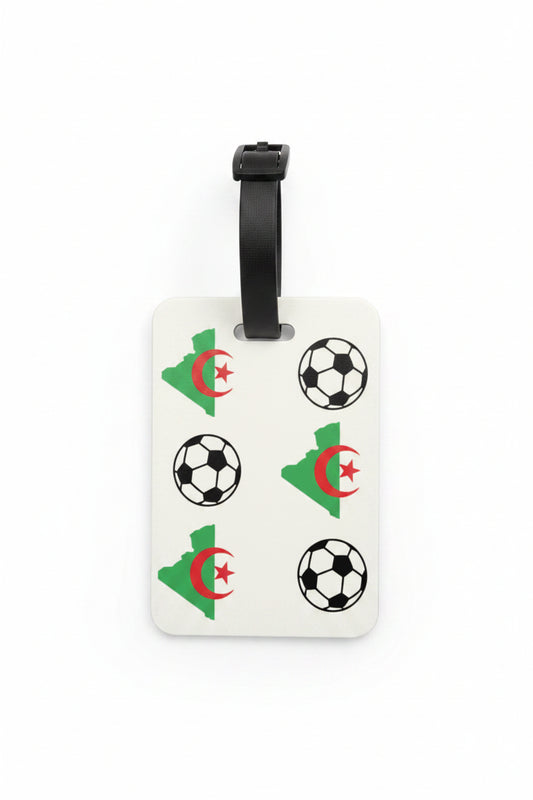 White luggage tag with soccer balls and green Algeria map featuring red crescent and star
