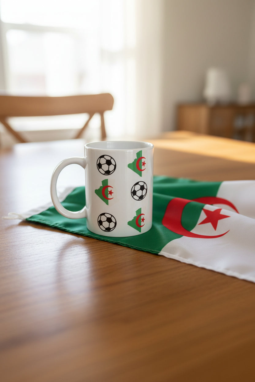White mug showing repeated Algeria map outlines with soccer ball motifs on the edge of an Algeria banner on a wood table, celebrating national football pride. Roxzell