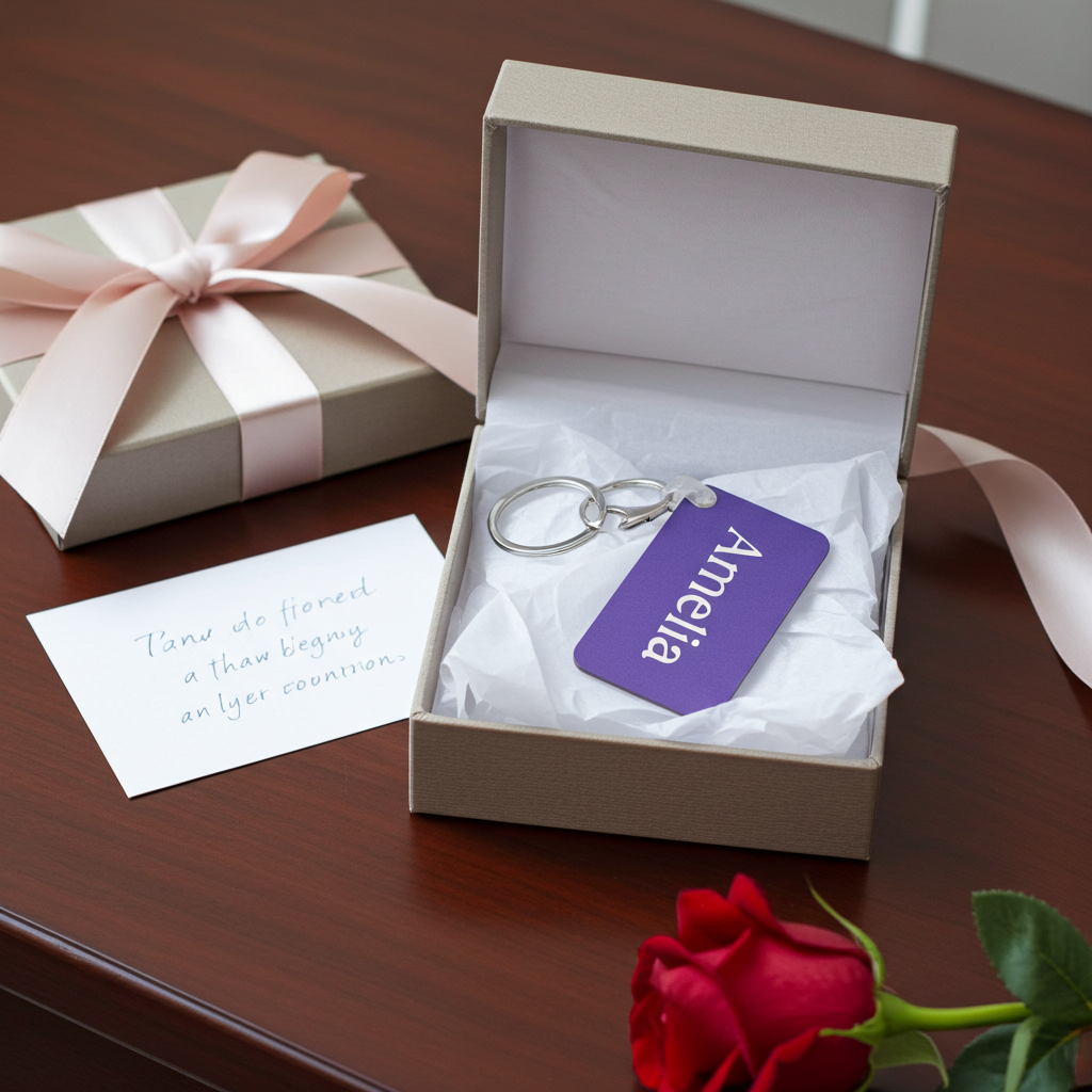 A personalized silver keychain with a purple tag reading 'Amelia' in white script, presented in a beige gift box on a wooden table next to a pink ribbon-wrapped box and a handwritten note. Roxzell