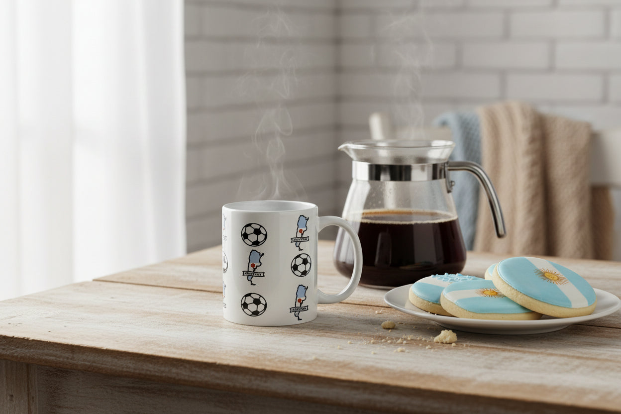 Cozy tabletop scene with a steaming Argentina soccer mug beside a glass coffee pot and cookies decorated with the Argentine flag design, set in a softly lit kitchen.