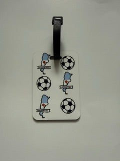 Travel tag showing Argentina map and football icons on a white background. Roxzell