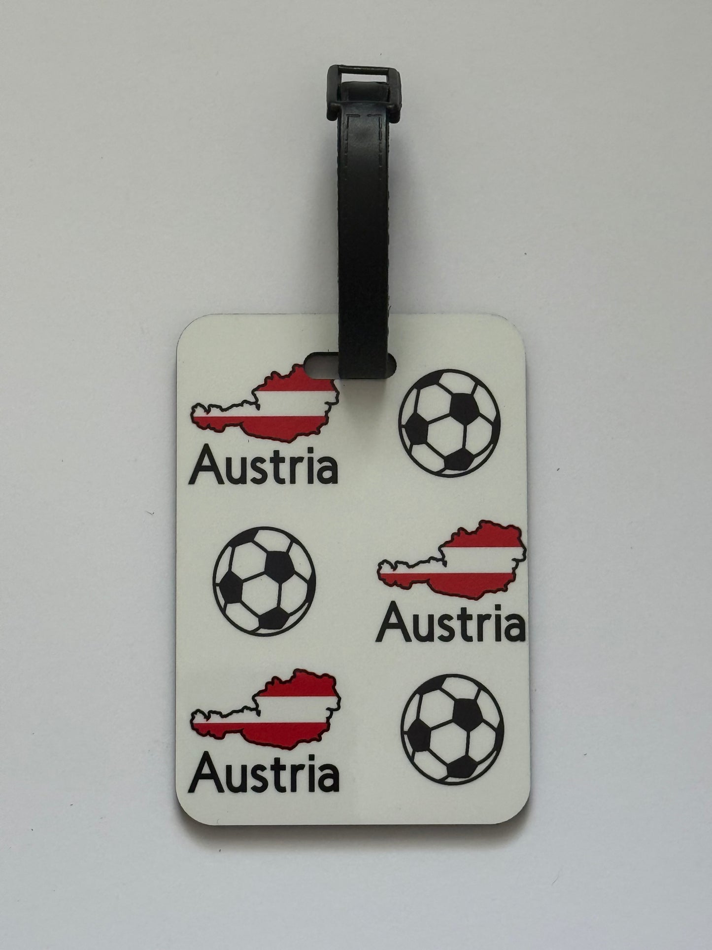 Austria map and soccer ball pattern printed on durable tag. Roxzell