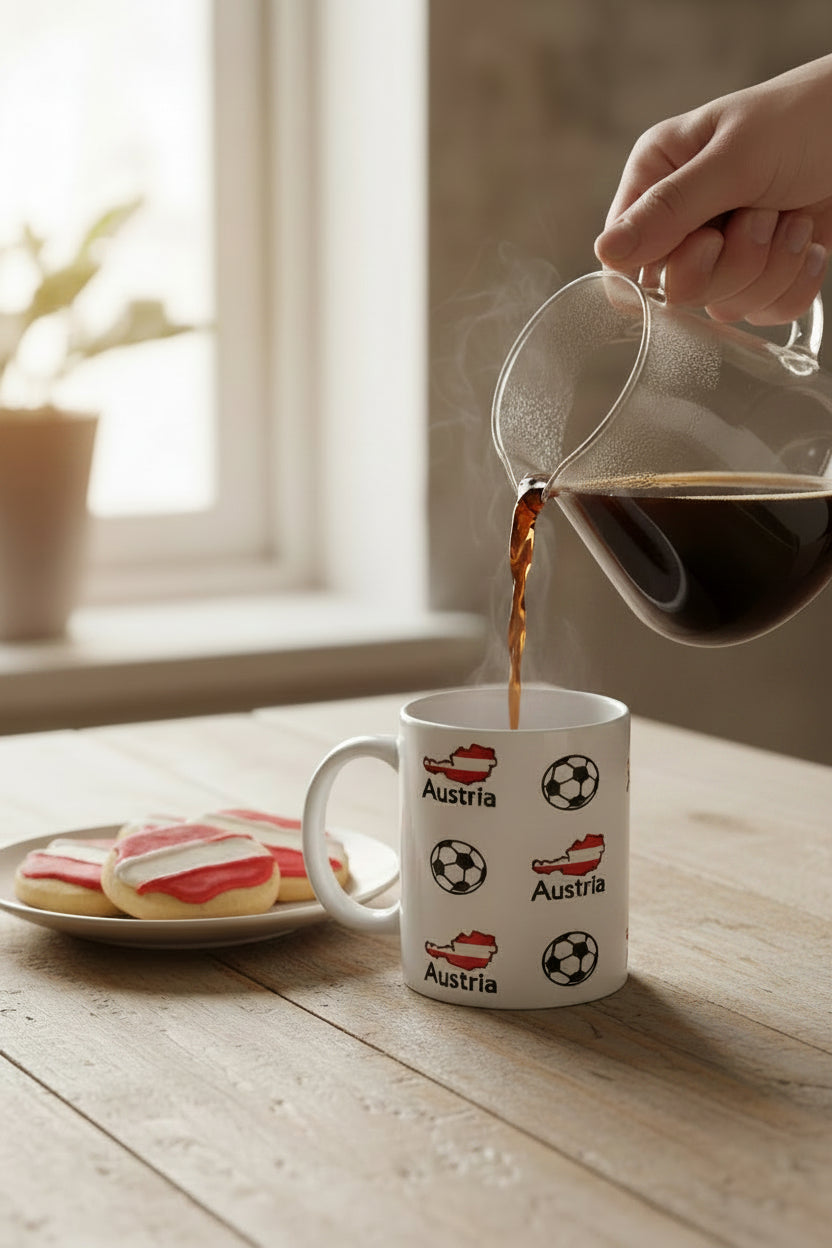 Person pouring coffee into a white mug decorated with Austria’s map in red and white and soccer ball motifs. Mug is on a table beside a plate of sugar cookies decorated with Austria flag color. Celebrating Austrian football enthusiasm.