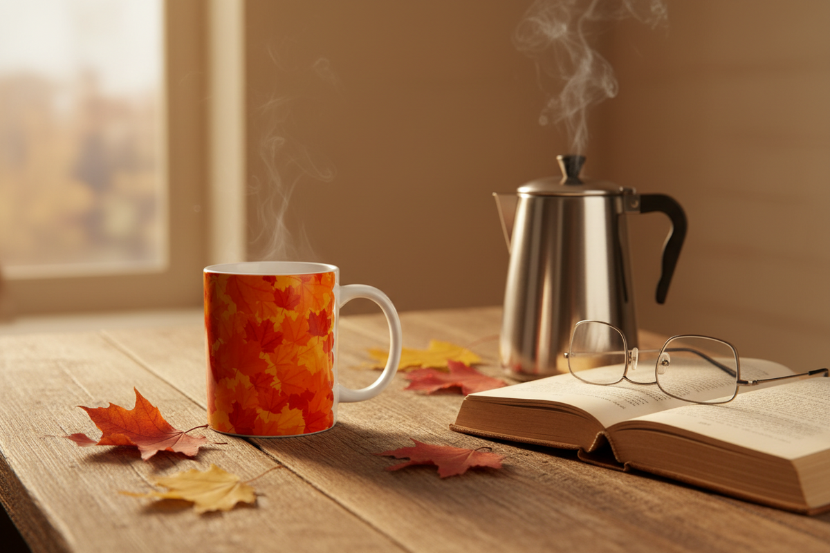 A white ceramic mug with a vibrant orange and red autumn leaf pattern sits on a wooden table next to an open book, eyeglasses, and a steaming metal coffee pot. Fallen leaves are scattered on the table, with a warm, softly blurred window in the background. Roxzell