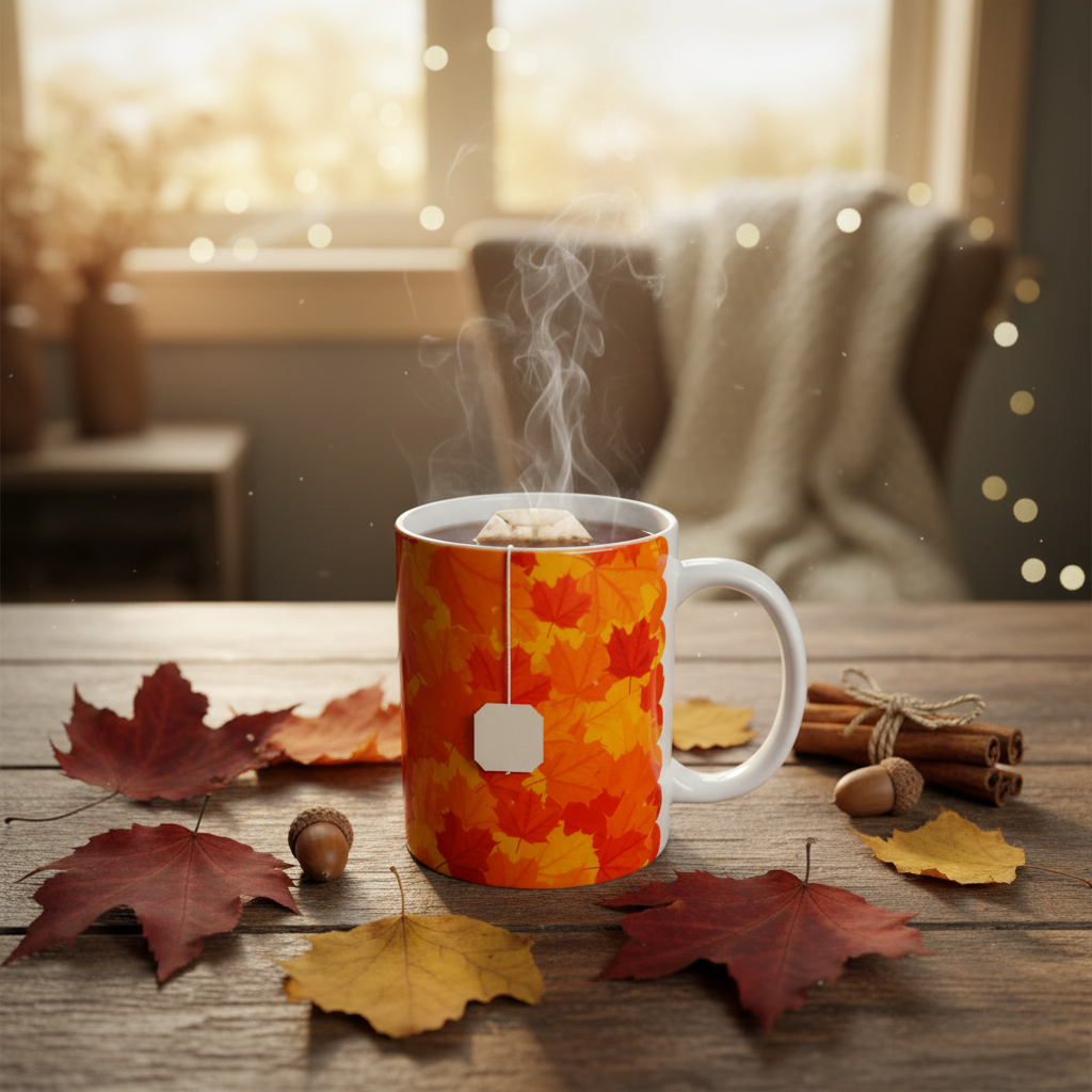 A white ceramic mug with a vibrant orange and yellow autumn leaf pattern, filled with a hot tea bag and steam rising. The mug sits on a rustic wooden table surrounded by scattered red and yellow maple leaves, acorns, cinnamon sticks, and a cozy, softly blurred background with warm bokeh lights.