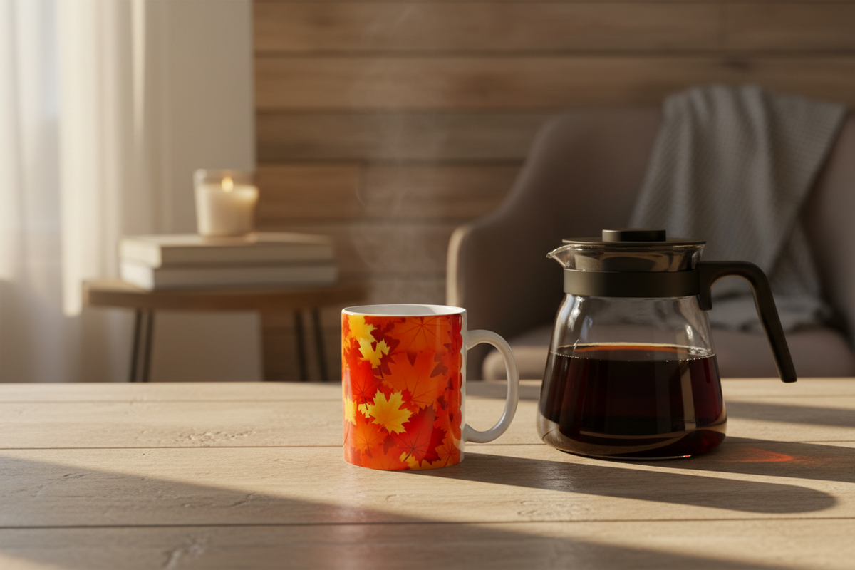 A white ceramic mug decorated with a vibrant orange, red, and yellow autumn leaf pattern sits on a light wooden table next to a glass carafe filled with black coffee. Steam rises from the mug, and a cozy living room background with a wooden wall, armchair, and a lit candle is softly blurred. Roxzell