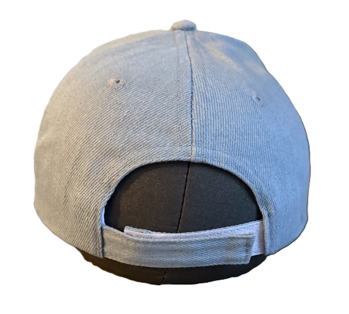 Adjustable strap detail of light blue denim baseball cap for comfortable fit