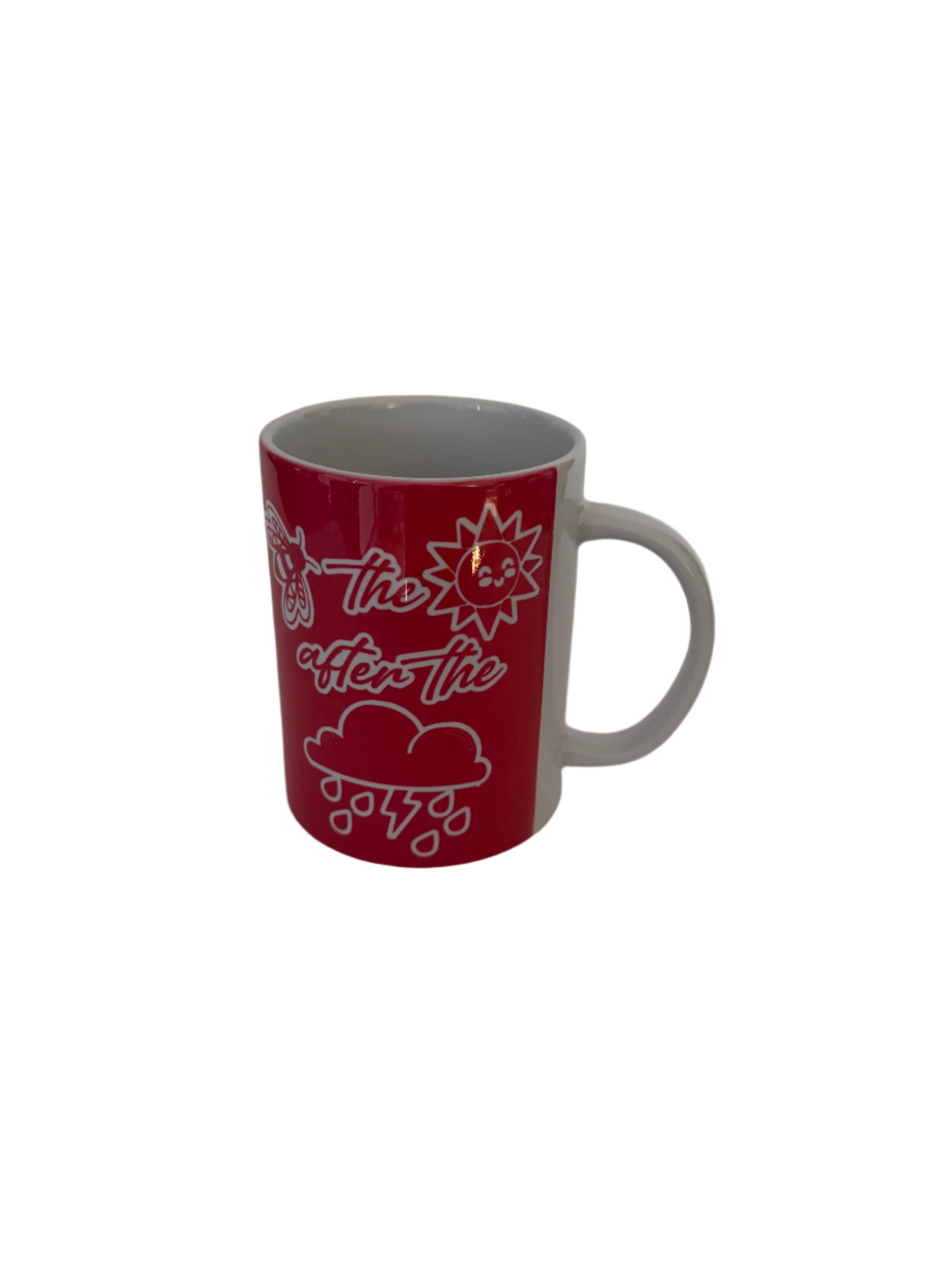 coral color ceramic mug with "be the sunshine after the rain" design. Includes a picture of a bee, sun, and rain cloud Roxzell