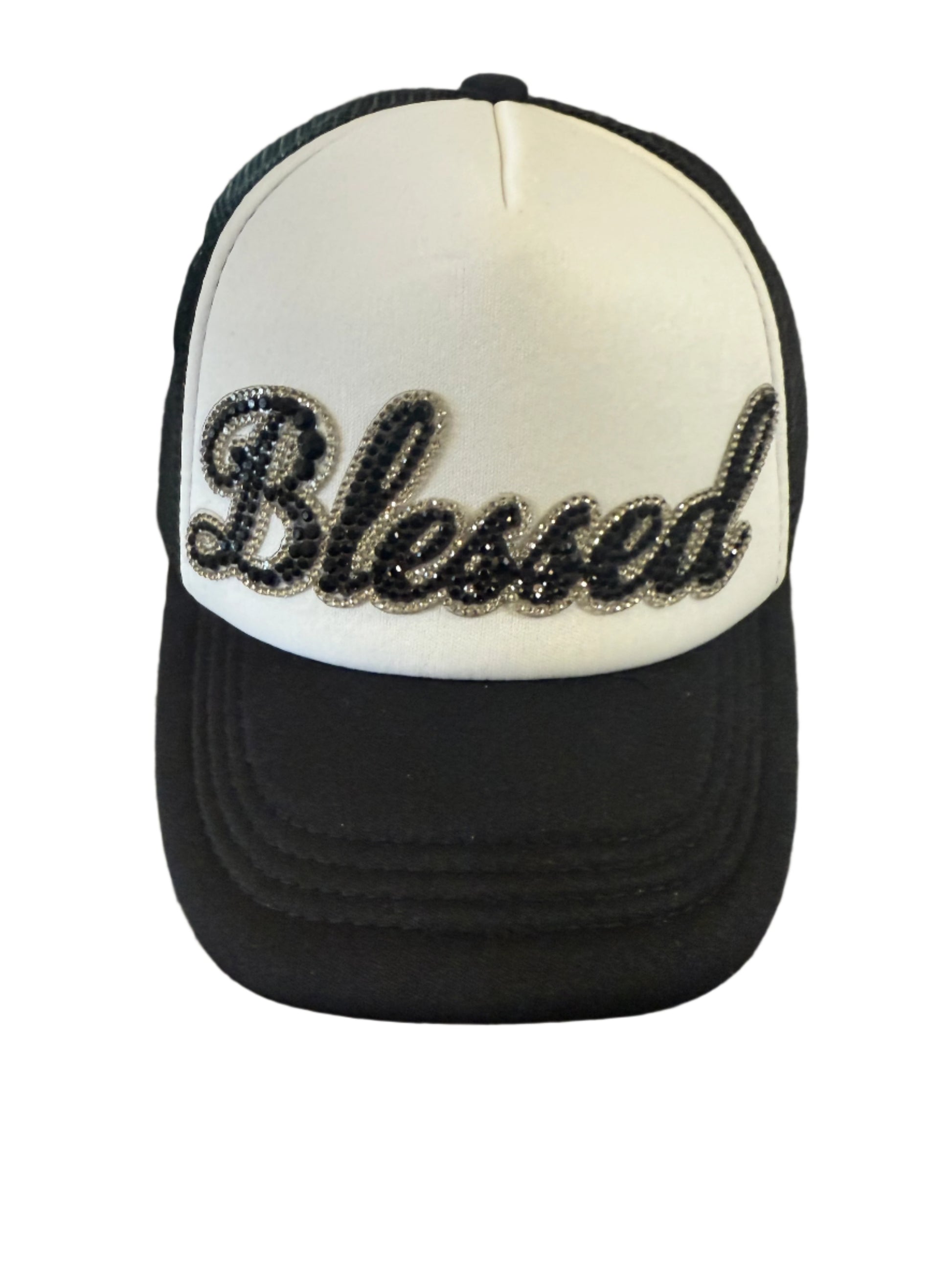 Black and white baseball cap with bejeweled "Blessed" design on the front.  