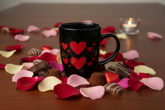 Black ceramic mug with red hearts and “Love” script on a wood table surrounded with pink, red, and white rose petals and chocolate candy, Roxzell