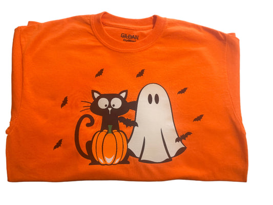 Orange t-shirt with Halloween-themed design of a black cat, ghost, and pumpkin Roxzell
