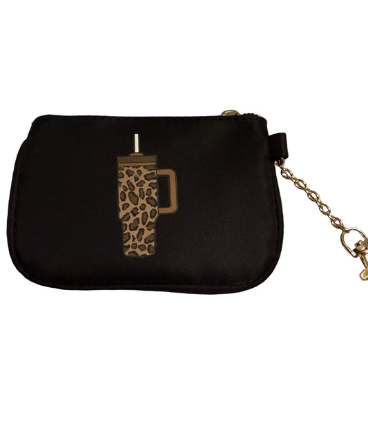 Black Coin/ID purse with a leopard print water tumbler bottle design on the front and attached D-ring chain Roxzell