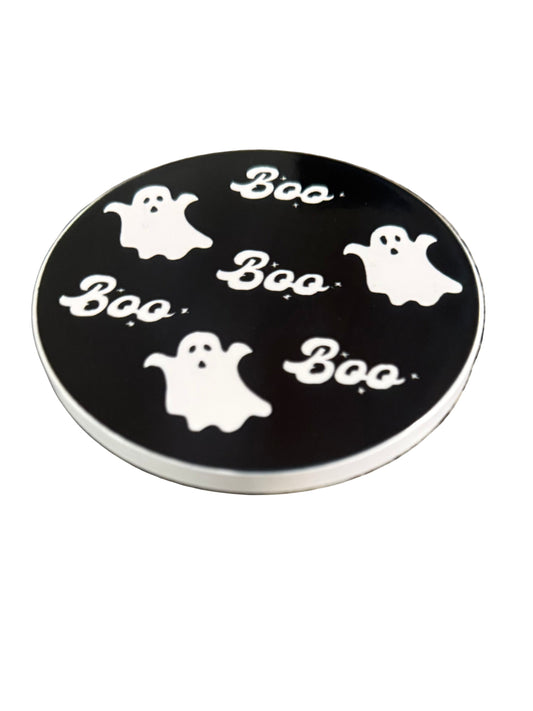 Black and white Halloween themed drink coaster with ghost and the word "Boo", Roxzell