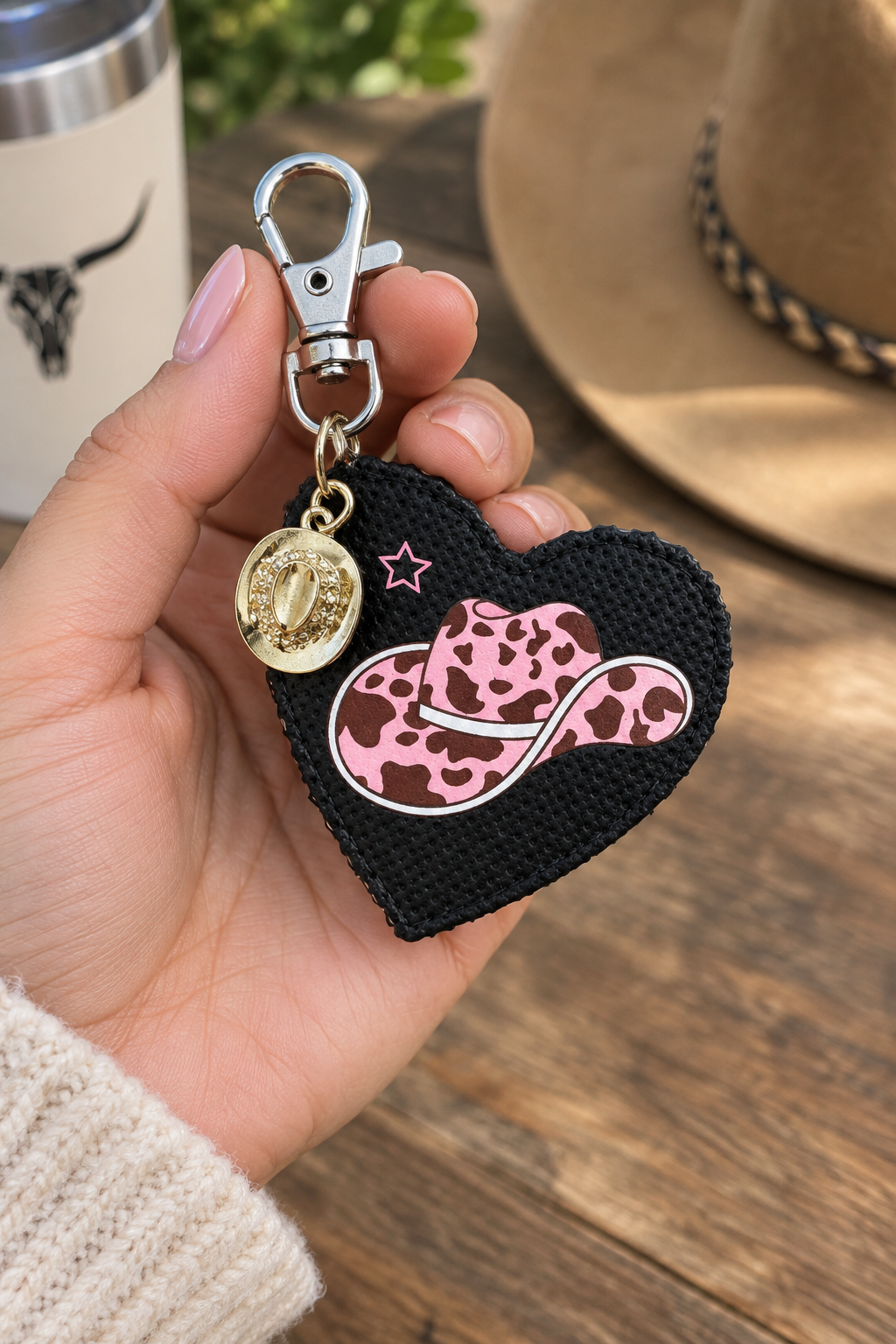 A hand holds a black heart-shaped leather bag charm with a pink leopard-print cowboy hat design, a silver clasp, and a small gold cowboy hat charm. A wooden table, a white insulated mug, and a brown hat are blurred in the background. Roxzell