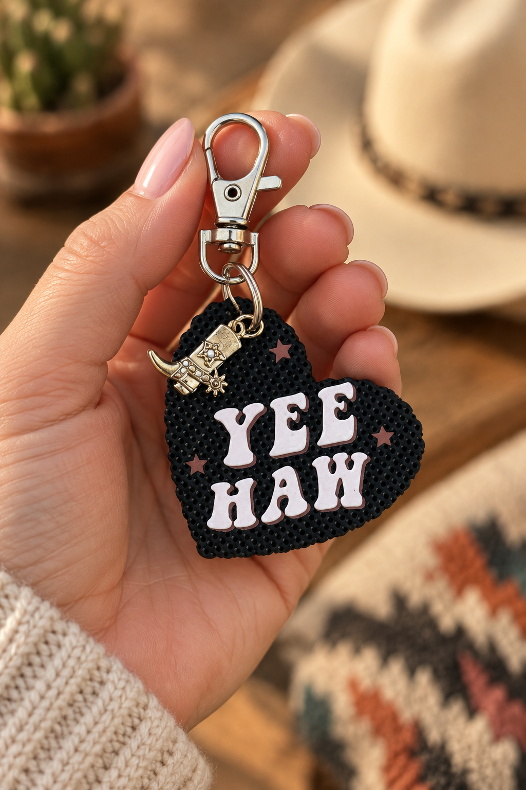 A hand holding a black heart-shaped keychain with light pink 'YEE HAW' lettering, brown star accents, and a small silver cowboy boot charm, with a blurred hat and sweater in the background. Roxzell
