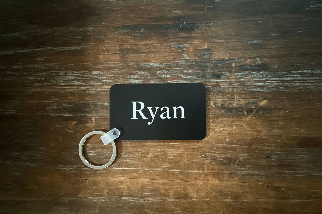 Black rectangular keychain with white name “Ryan” printed vertically, attached to a silver ring on a wooden surface. Roxzell