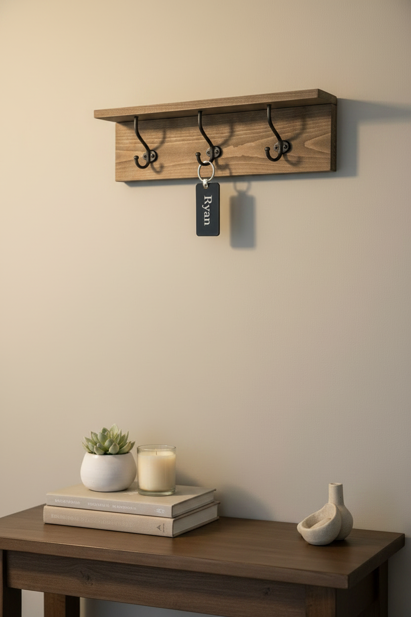 Personalized Ryan keychain hanging on a rectangular wooden wall-mounted shelf with 3 black hooks hanging above a console table. A small plant, candle, books, and decorative object sit on the table against a plain beige wall. Roxzell