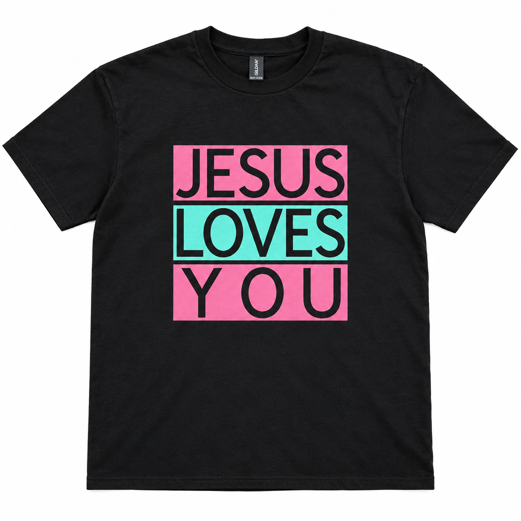 A black short-sleeve crewneck t-shirt with a graphic print on the chest reading 'JESUS LOVES YOU' in black text across three stacked rectangular blocks of pink, green, and pink. Roxzell