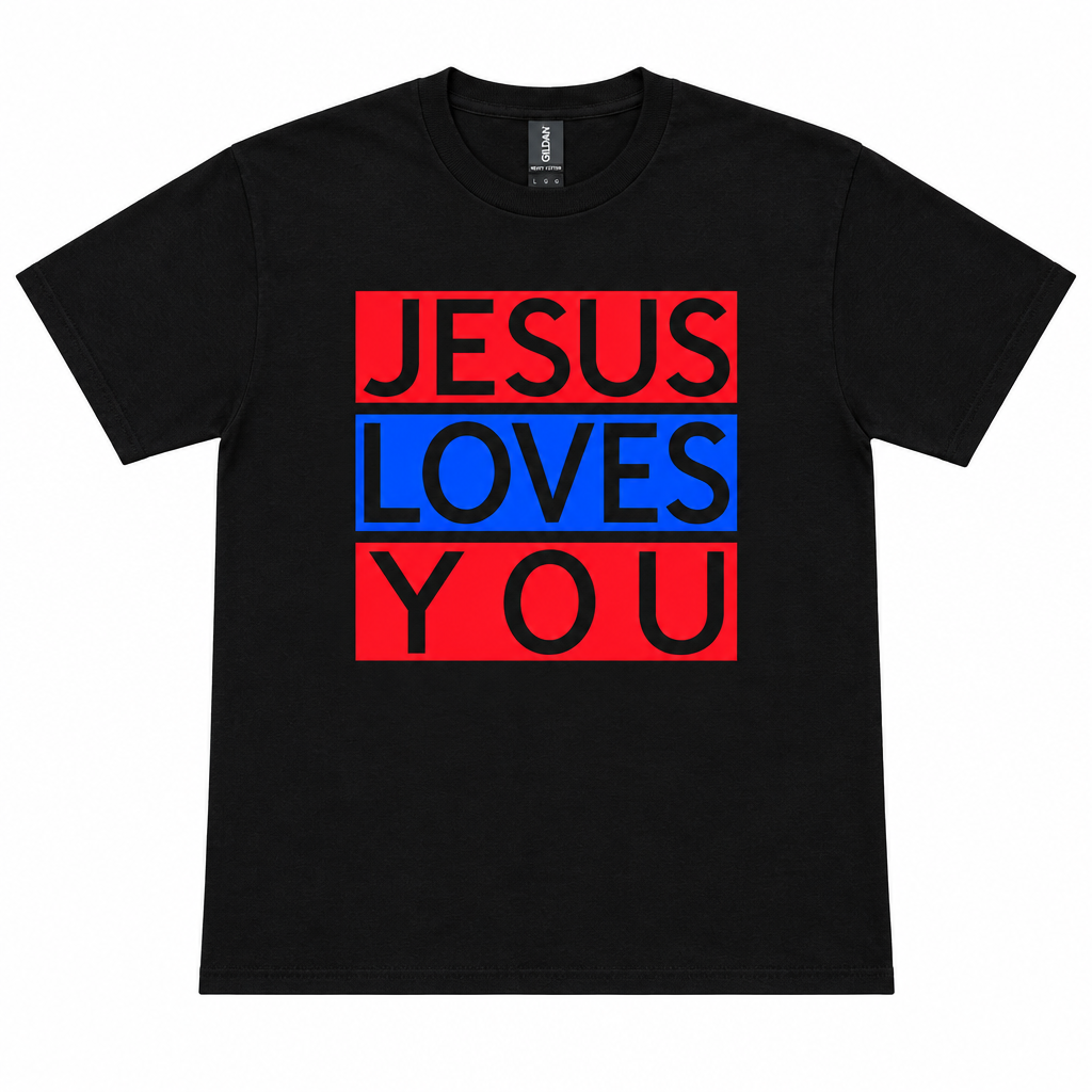 A black short-sleeve crewneck t-shirt with a bold graphic on the chest reading 'JESUS LOVES YOU' in black text across red and blue blocks. Roxzell