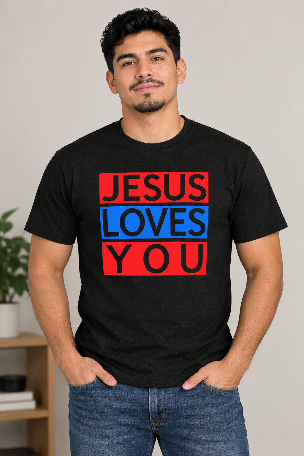 A man wearing a black graphic t-shirt with the text 'JESUS LOVES YOU' in red and blue blocks, paired with blue jeans, standing indoors in front of white wall with a wood bookshelf with a green plant. Roxzell