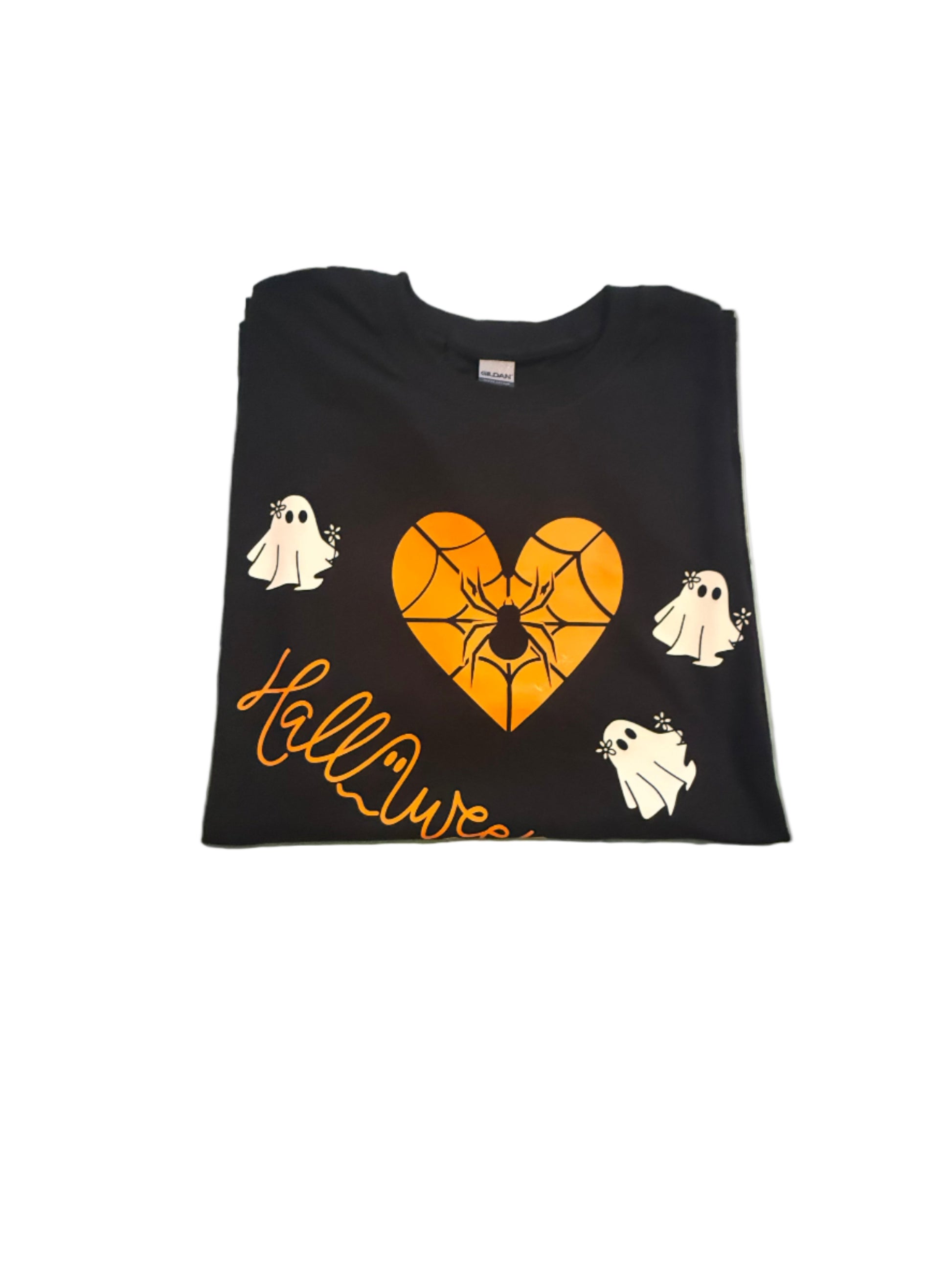 Black t-shirt with Halloween design featuring a heart, spider web, and ghosts, Roxzell