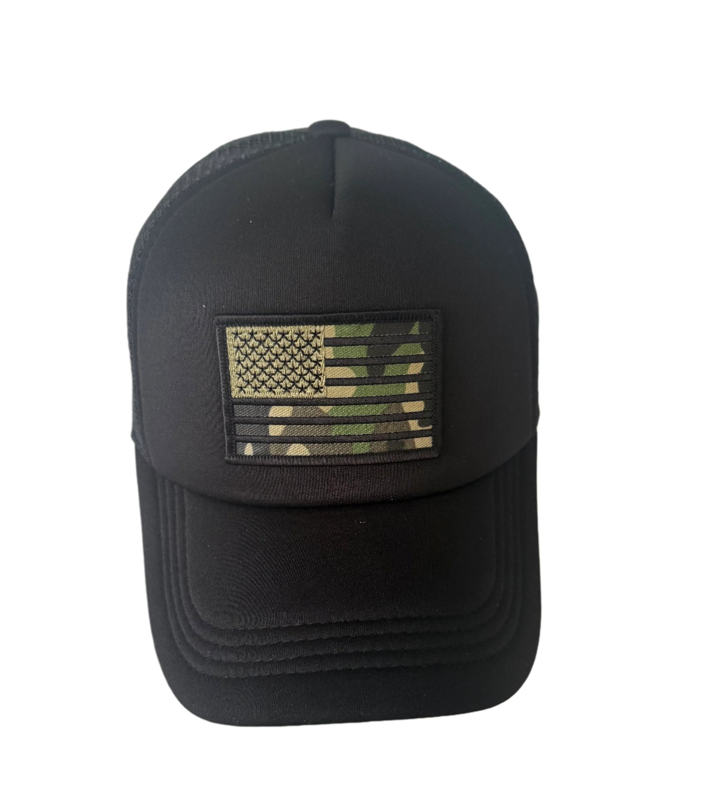 All black trucker cap with cam flag patch on the front, mesh back and adjustable snap closure.