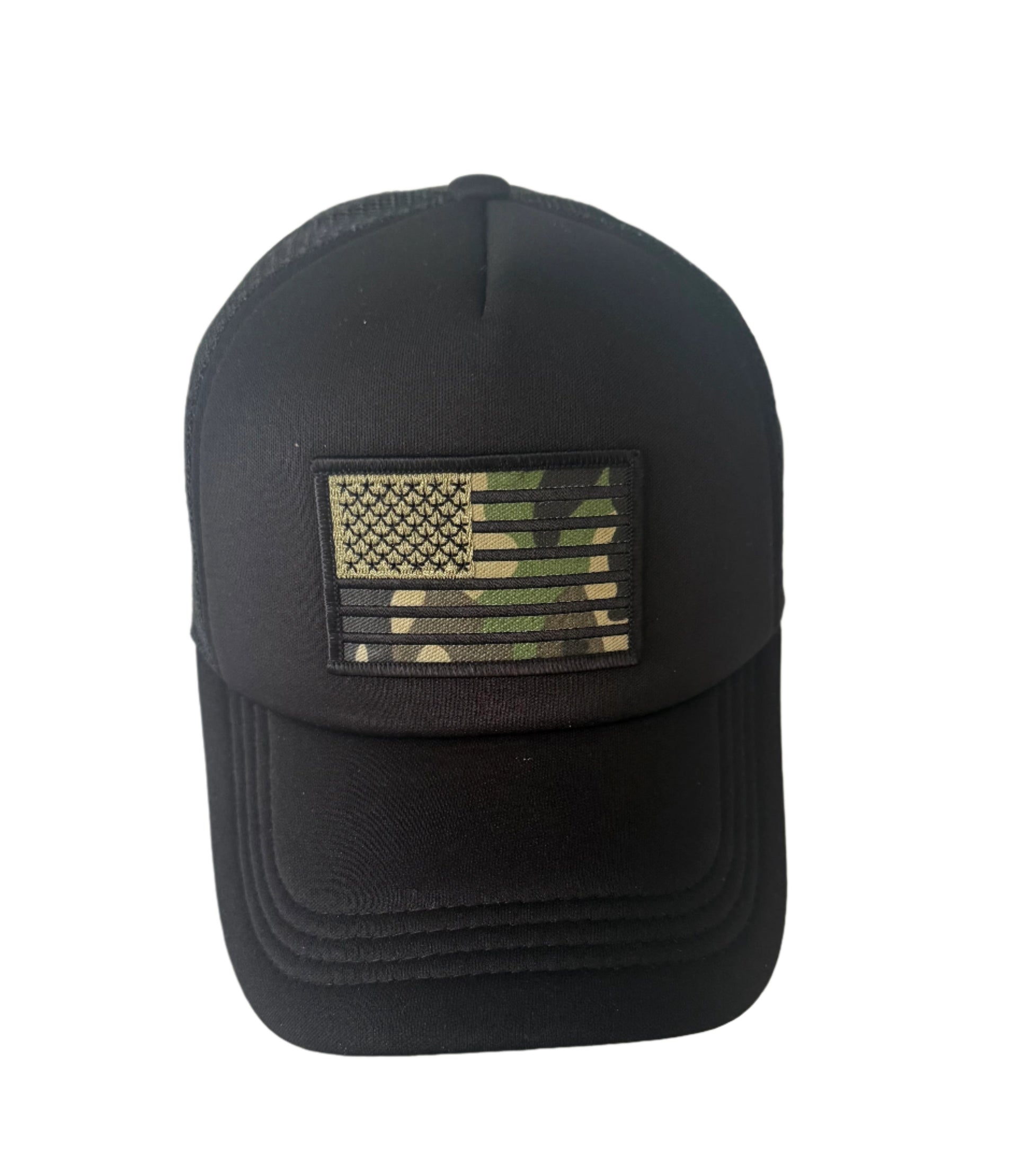 All black trucker cap with cam flag patch on the front, mesh back and adjustable snap closure.
