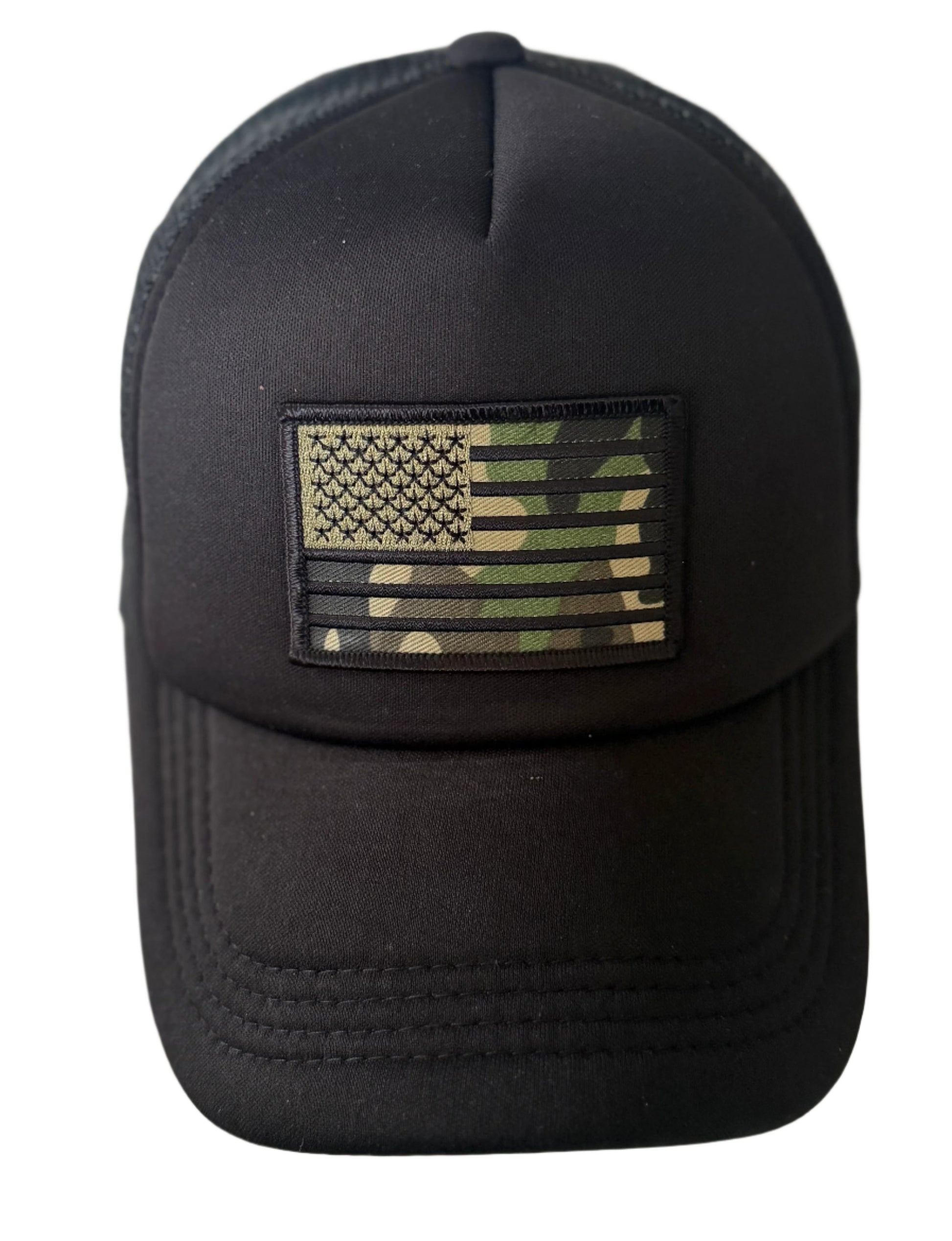 All black trucker cap with cam flag patch on the front, mesh back and adjustable snap closure.