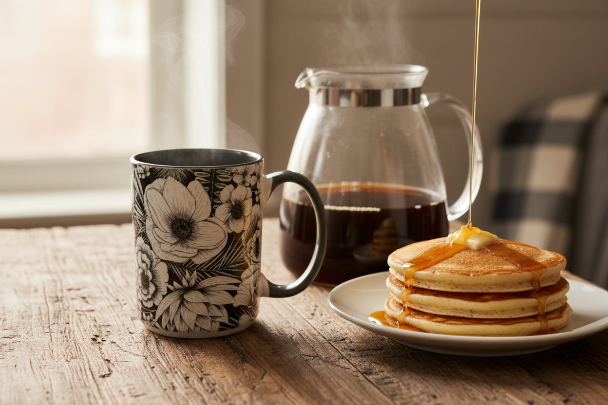 A styled breakfast scene on a rustic wooden table featuring a black and white floral patterned ceramic mug, a glass carafe of coffee, and a plate of golden pancakes being drizzled with syrup. Roxzell