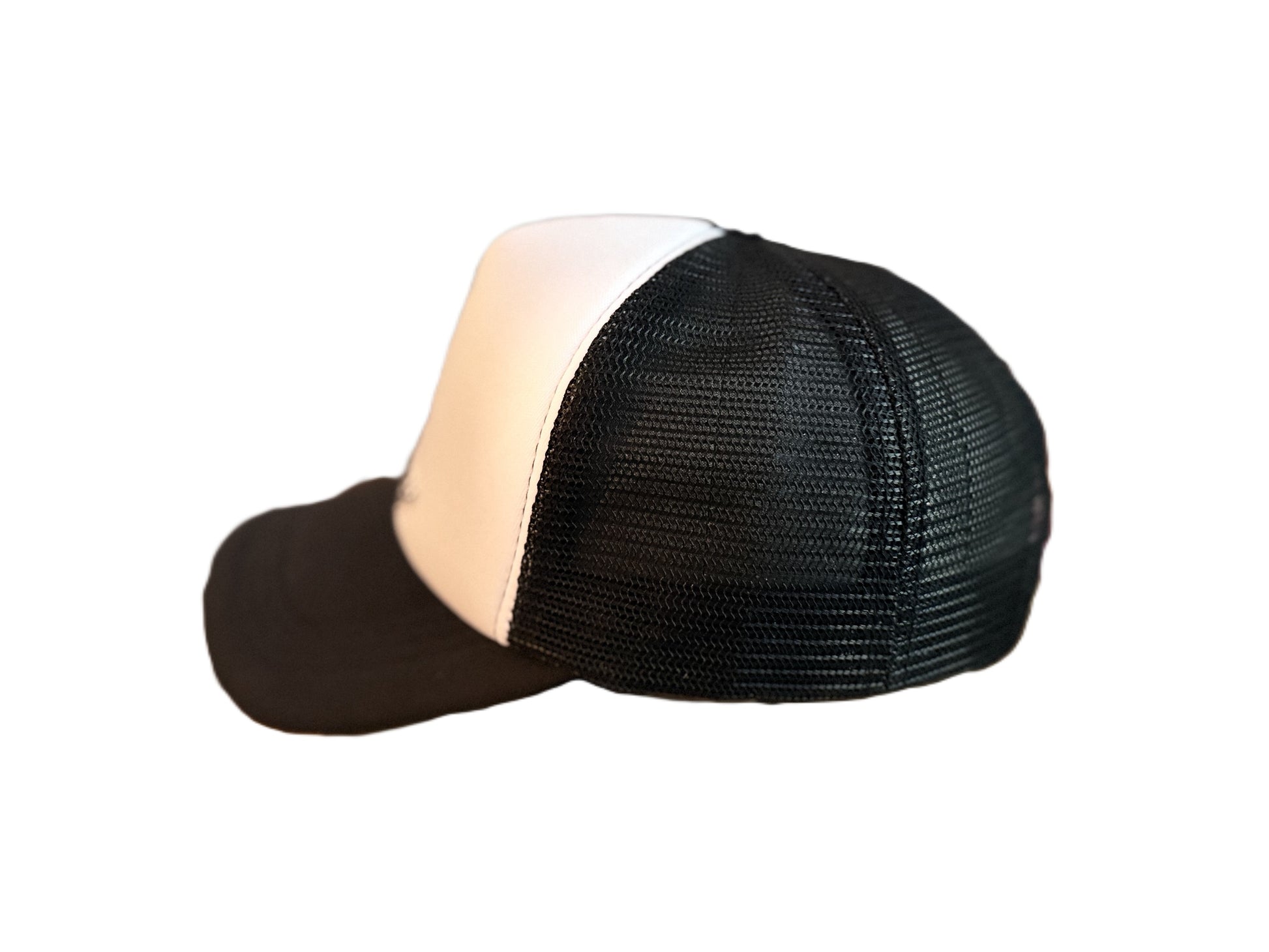 Left side view of a Mickey Mouse trucker hat with a white front panel, black mesh back, and black brim. The front panel features an embroidered Mickey Mouse graphic above the embroidered black script text 'Mickey'. Roxzell