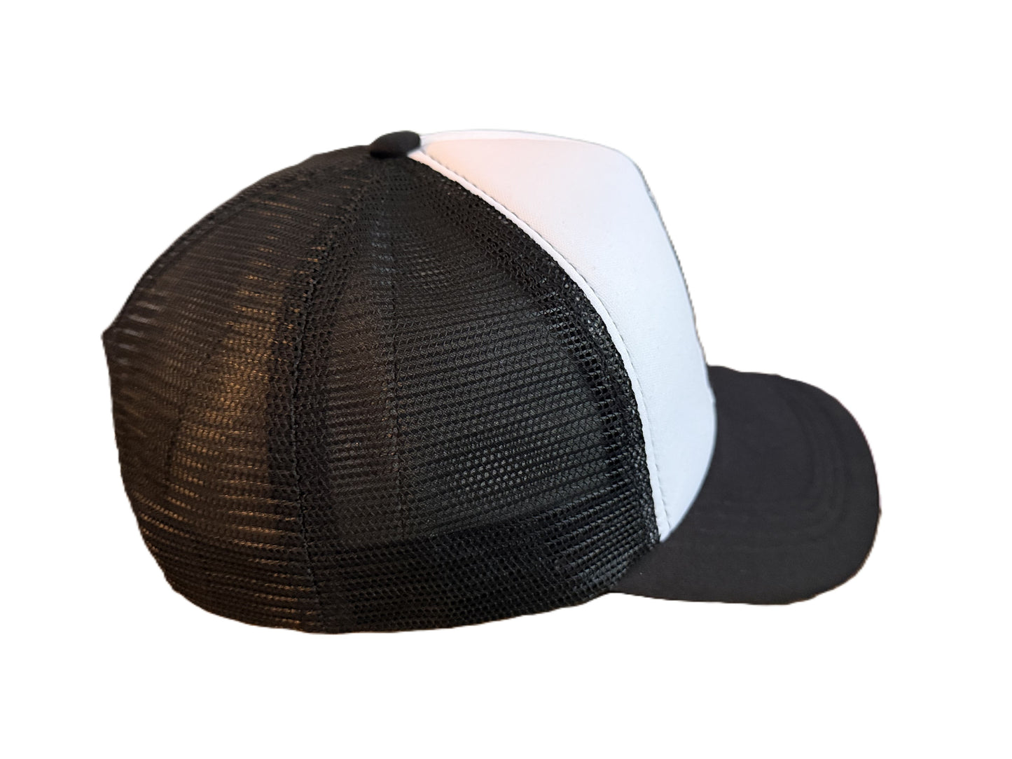 Right side view of a Mickey Mouse trucker hat with a white front panel, black mesh back, and black brim. The front panel features an embroidered Mickey Mouse graphic above the embroidered black script text 'Mickey'. Roxzell