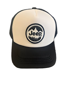 Black and white trucker cap with Jeep logo with white background.