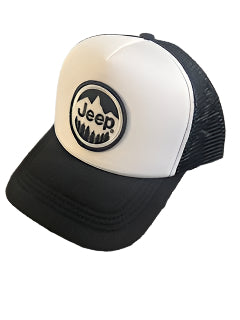 Black and white trucker cap with Jeep logo with white background.