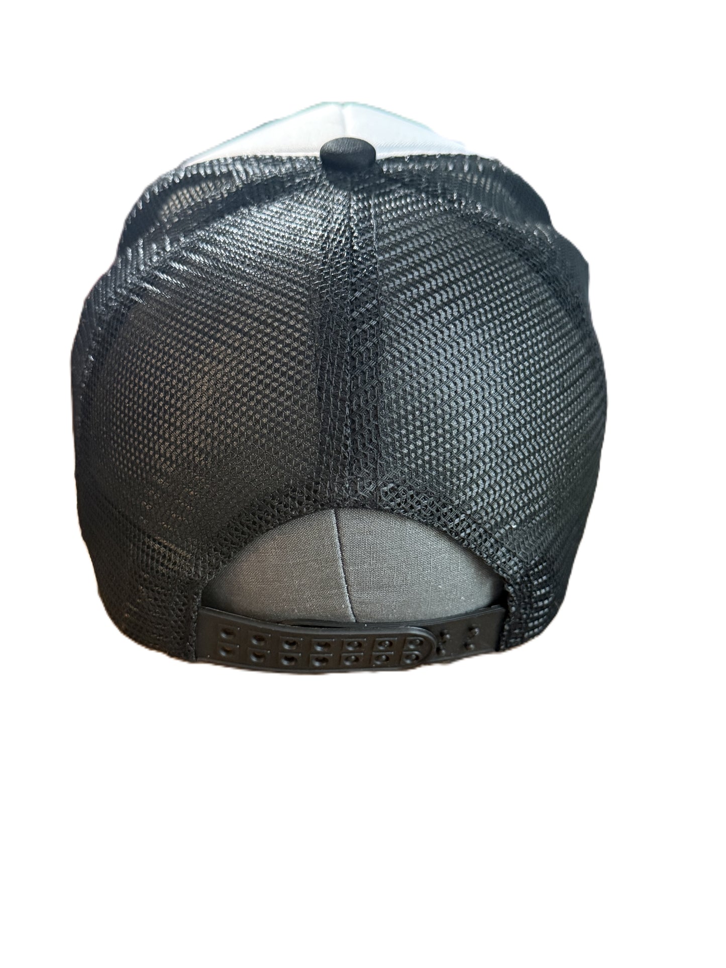 Back view of barbed-wire heart trucker cap showing the displaying the black mesh panels and adjustable snapback closure for a customizable fit. Roxzell