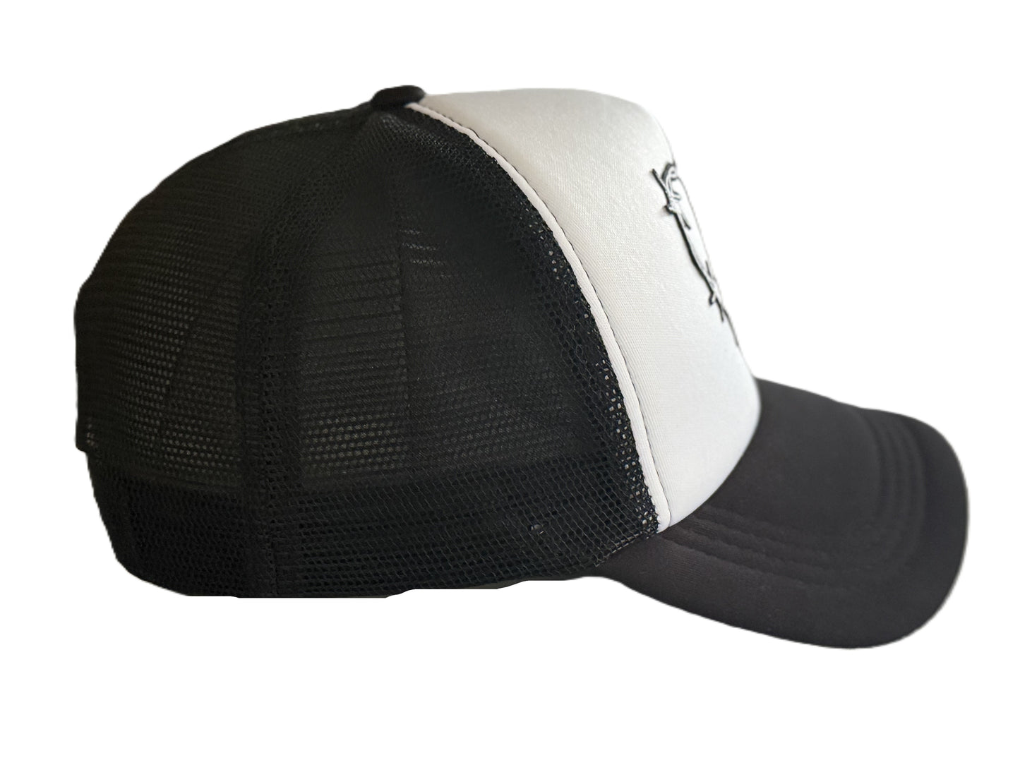 Right side view of barbed-wire heart trucker cap showing the white front panel and the breathable black mesh sides and brim. Roxzell
