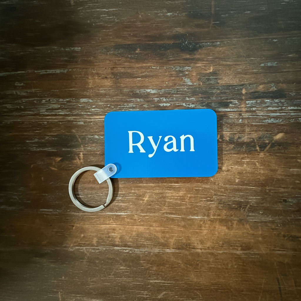 Blue rectangular keychain with white name “Ryan” printed vertically, attached to a silver ring on a wooden surface. Roxzell