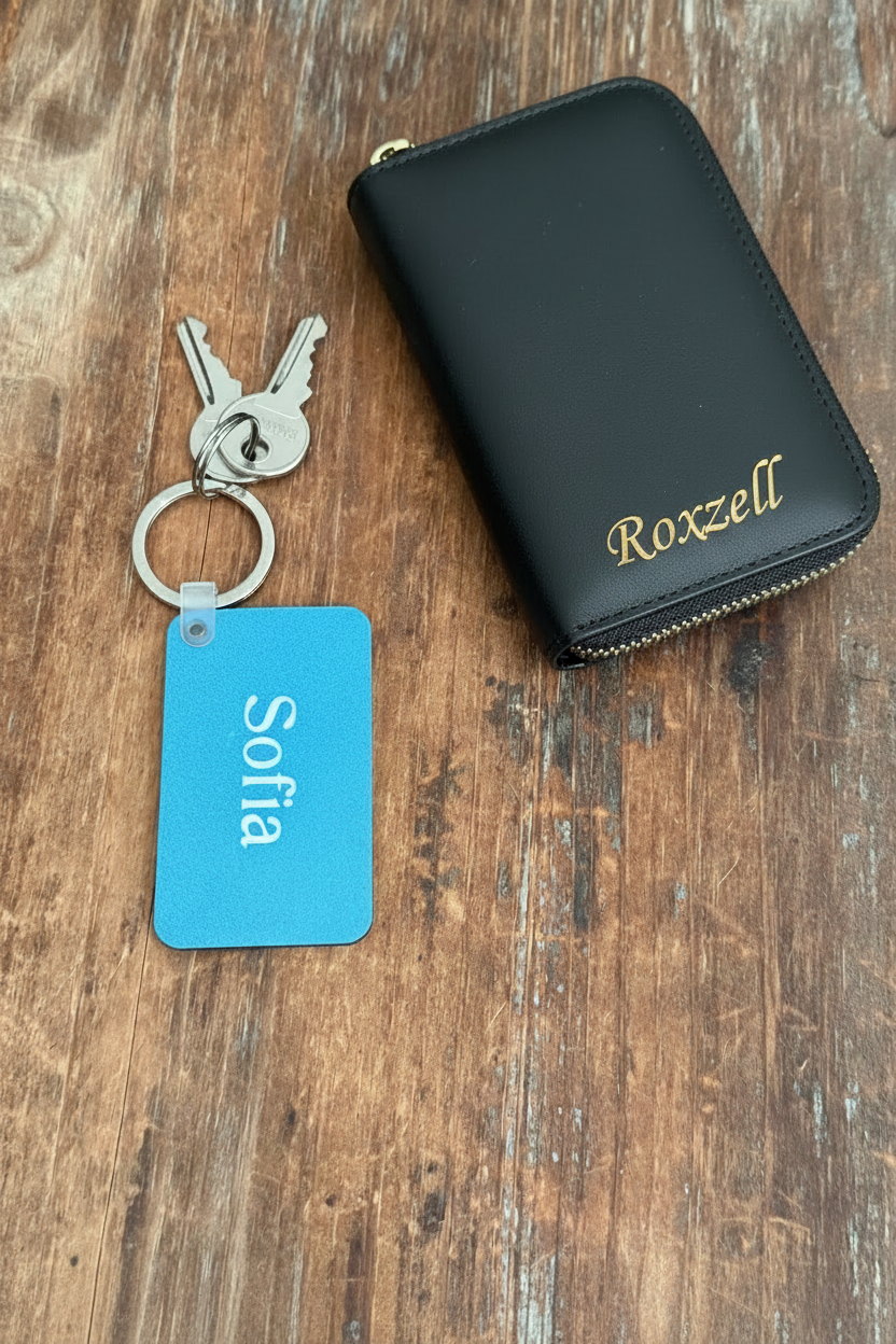 A blue keychain tag with name 'Sofia' in white with two keys beside a black leather zip-around wallet with gold script embroidery reading 'Roxzell' shown on a rustic wooden surface. Roxzell