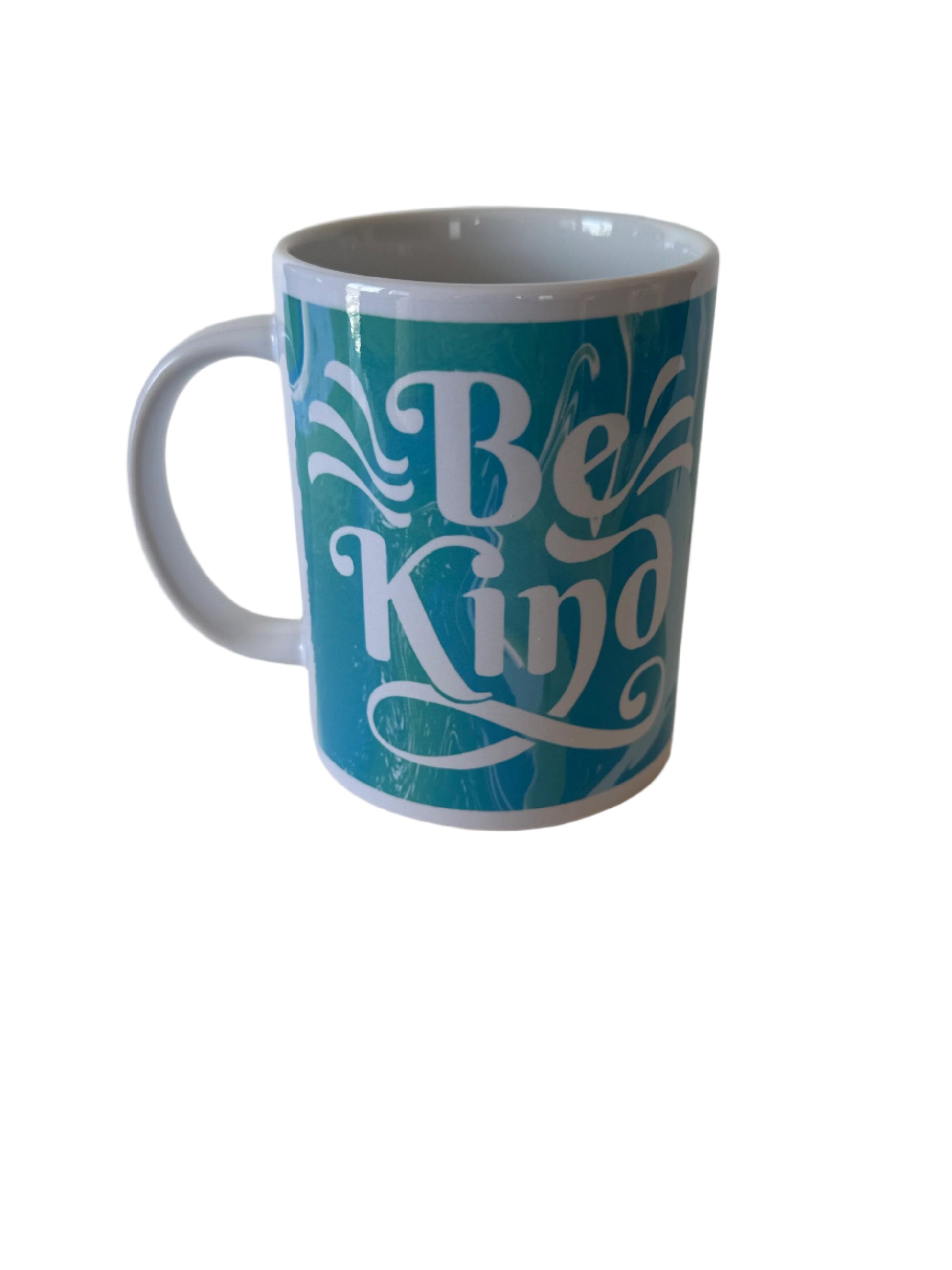 "Be Kind' ceramic coffee mug in blue and green with white handle Roxzell