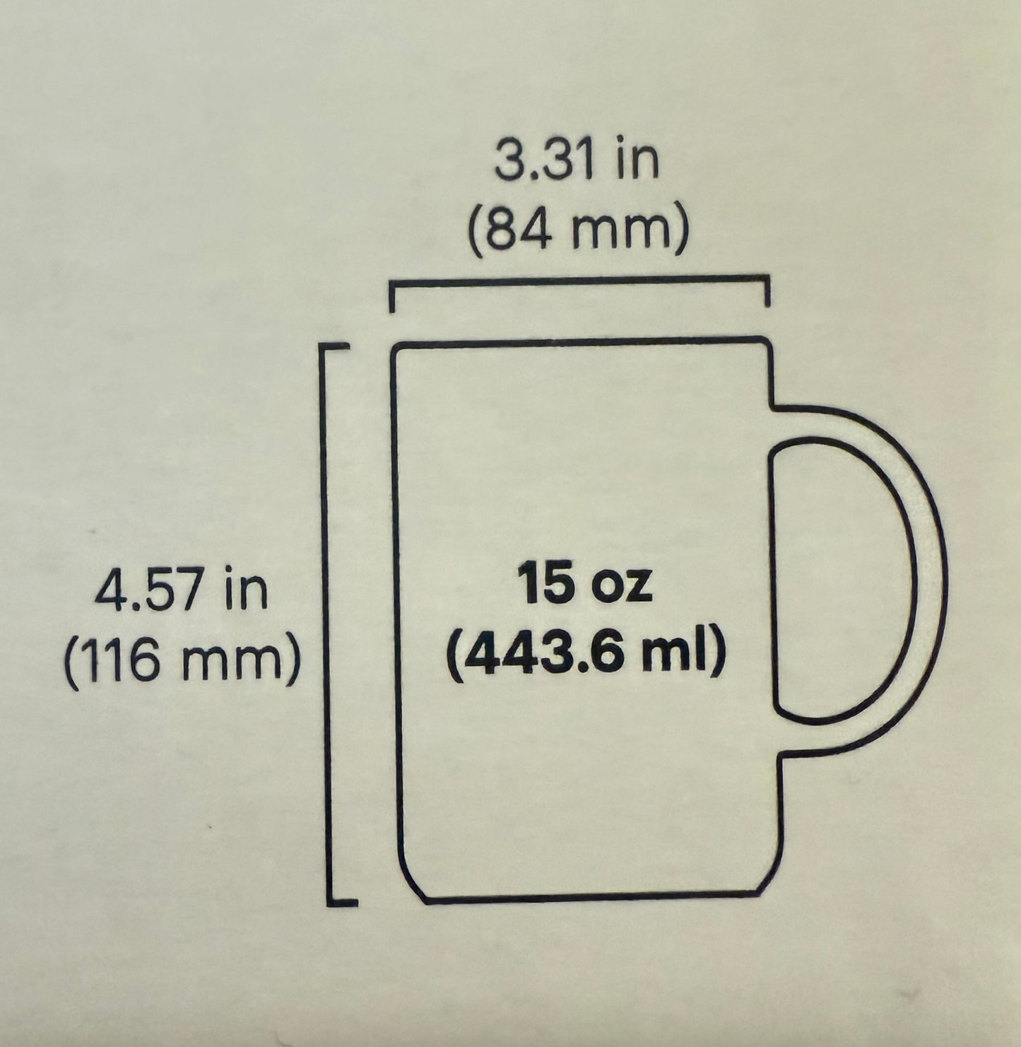 Measurement chart of 15oz mug with dimensions in inches and millimeters