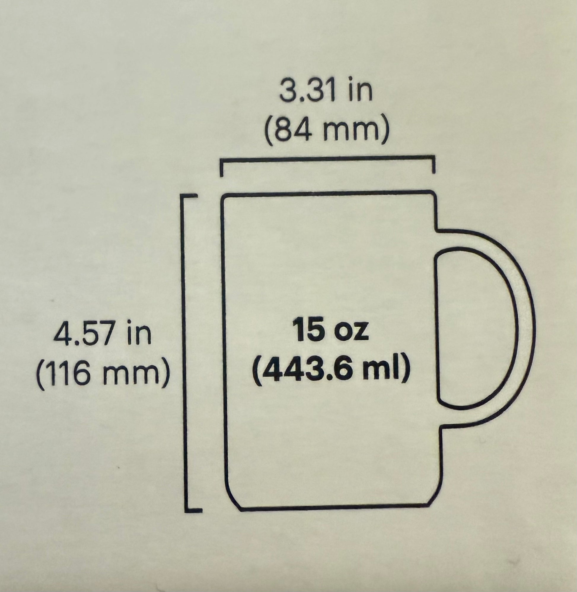 Measurement chart of 15oz mug with dimensions in inches and millimeters