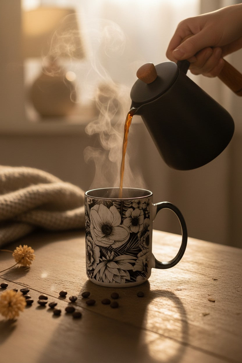 Hot coffee being poured into a black-and-white floral mug with visible steam, surrounded by coffee beans and soft morning light. Roxzell