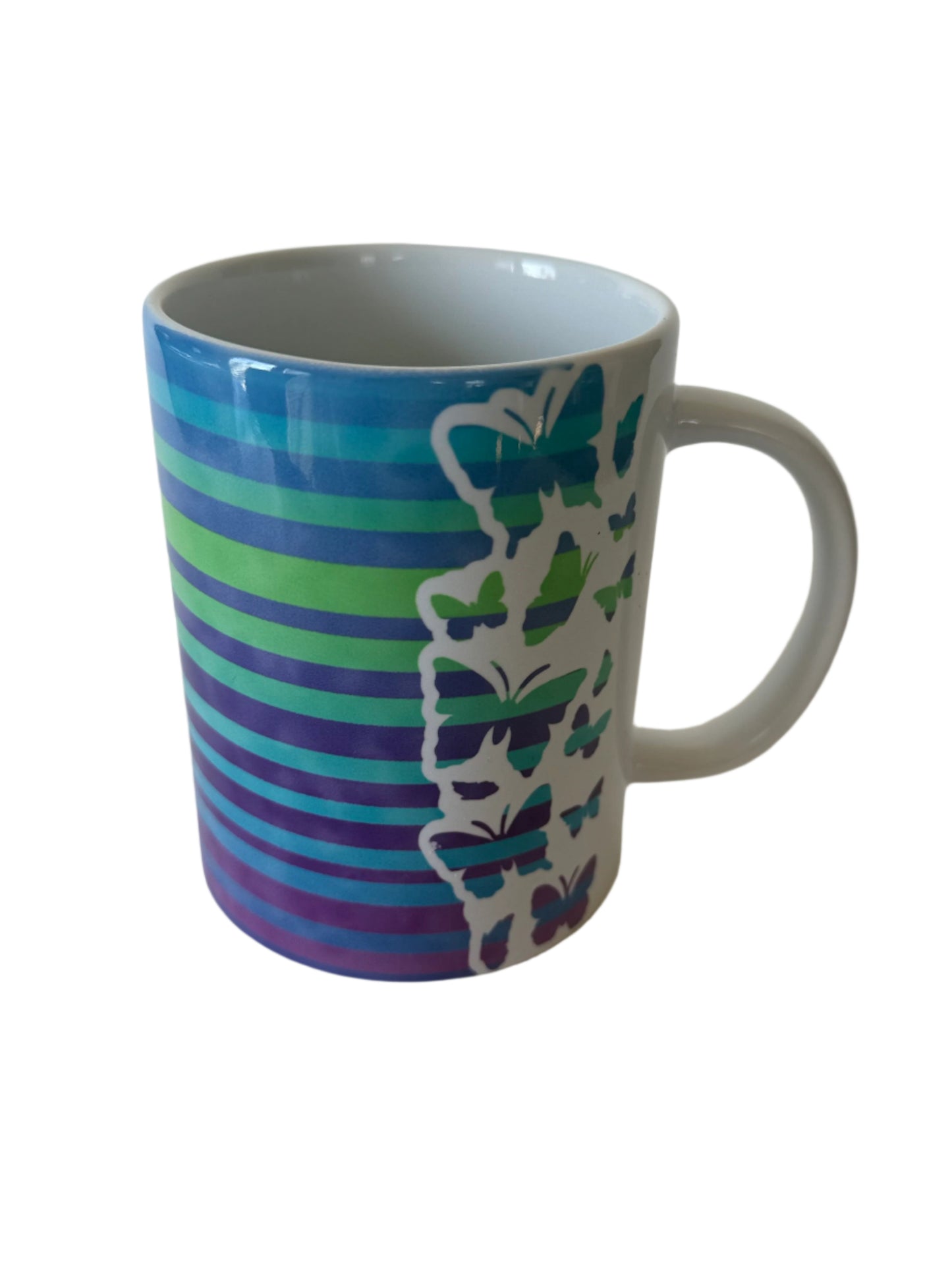 butterfly coffee mug with blue green and purple stripes Roxzell
