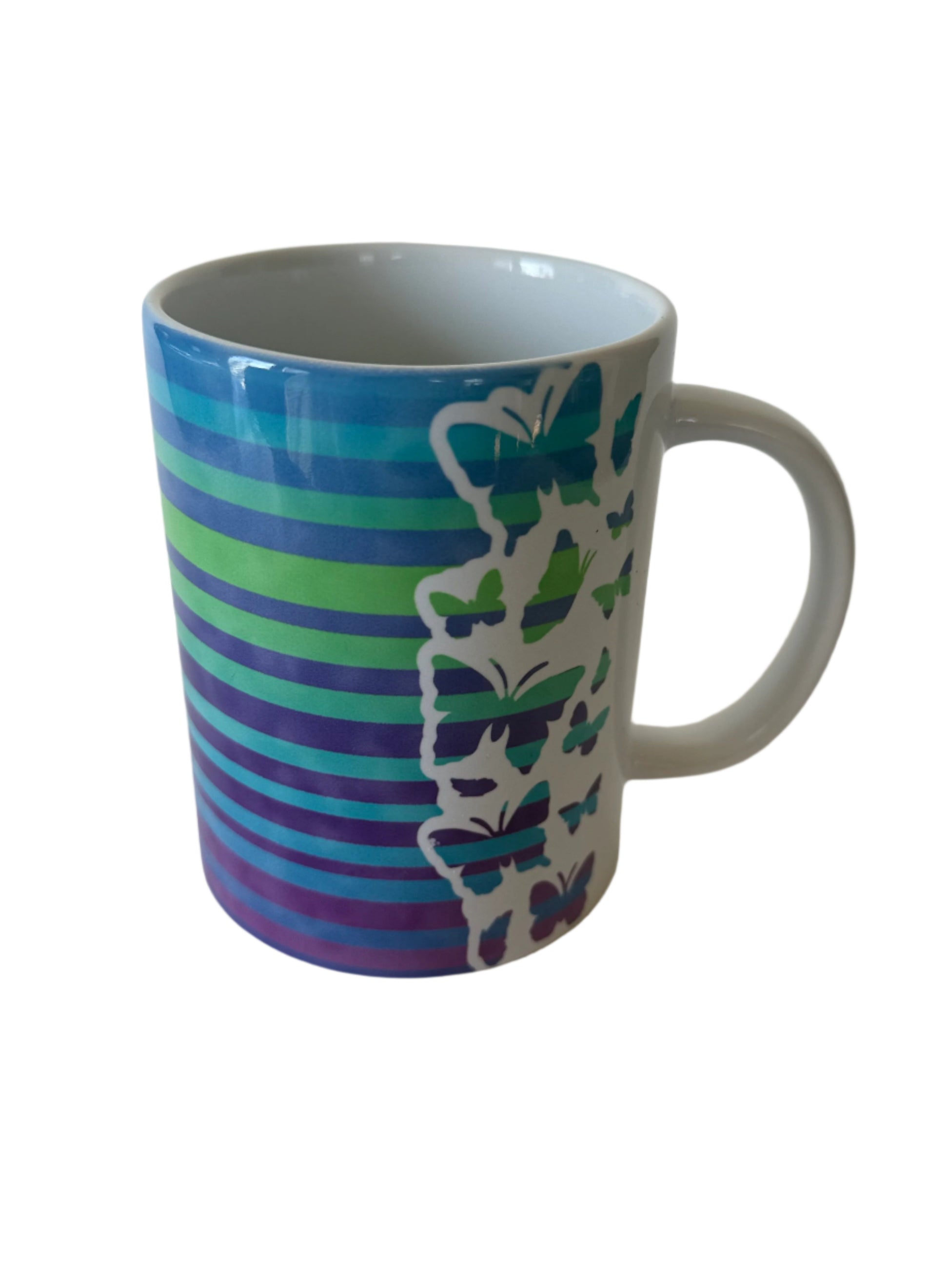 butterfly coffee mug with blue green and purple stripes Roxzell