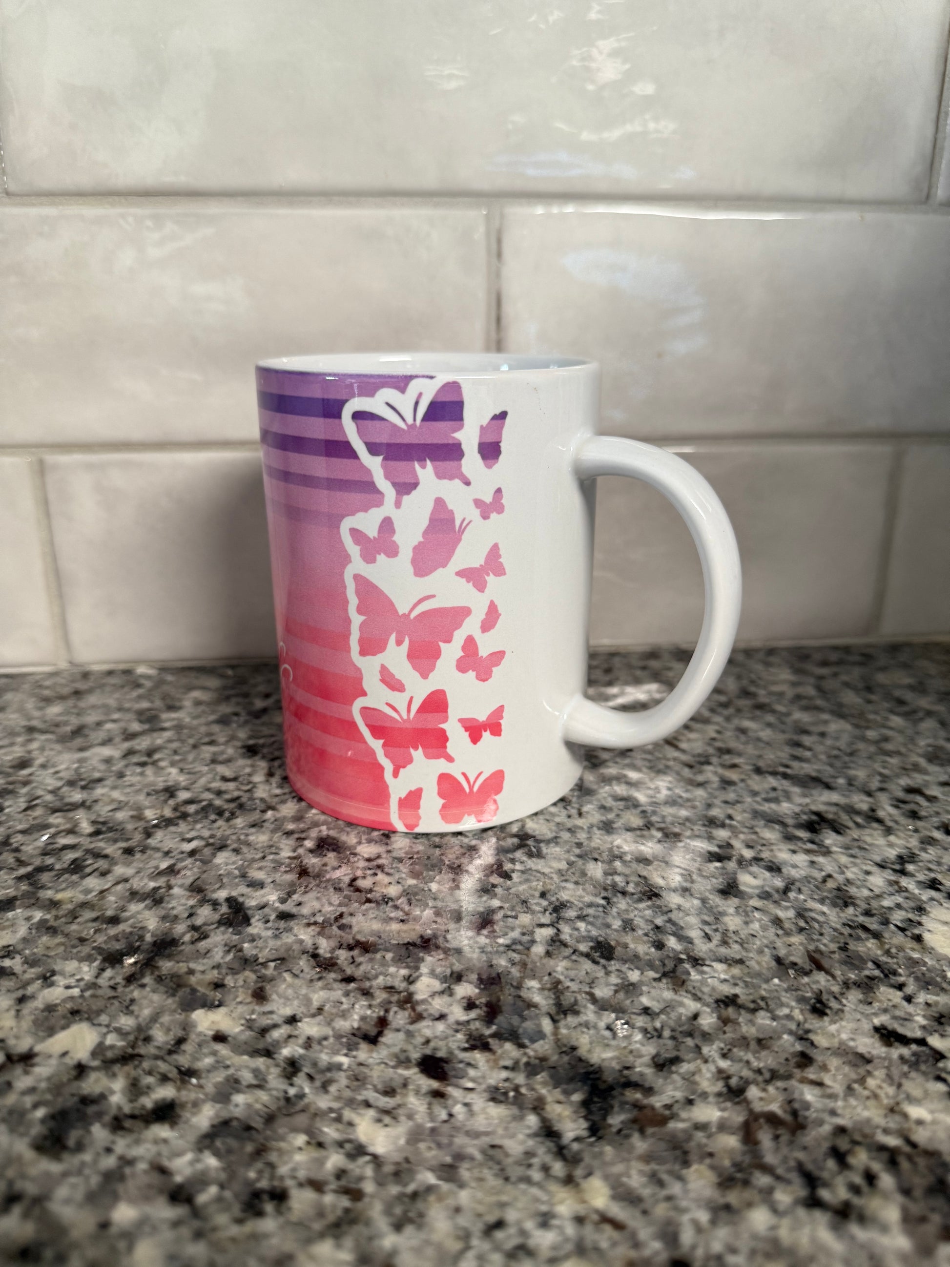 butterfly coffee mug with purple and pink stripes Roxzell