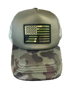 Camo baseball cap with camo flag patch on the front.