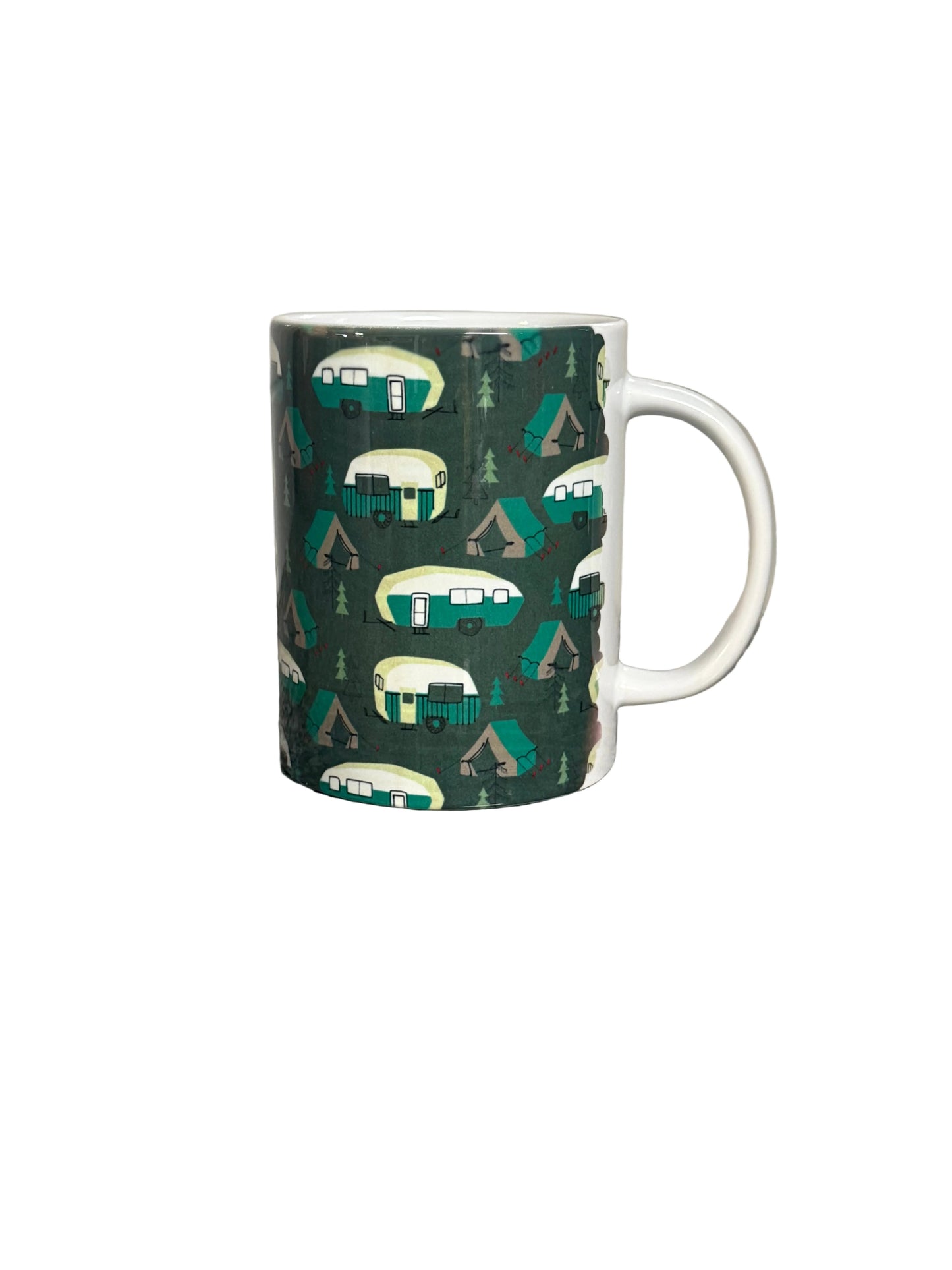 A white ceramic mug featuring a dark green camping-themed pattern with retro campers, tents, and pine trees, shown against a plain white background. Roxzell