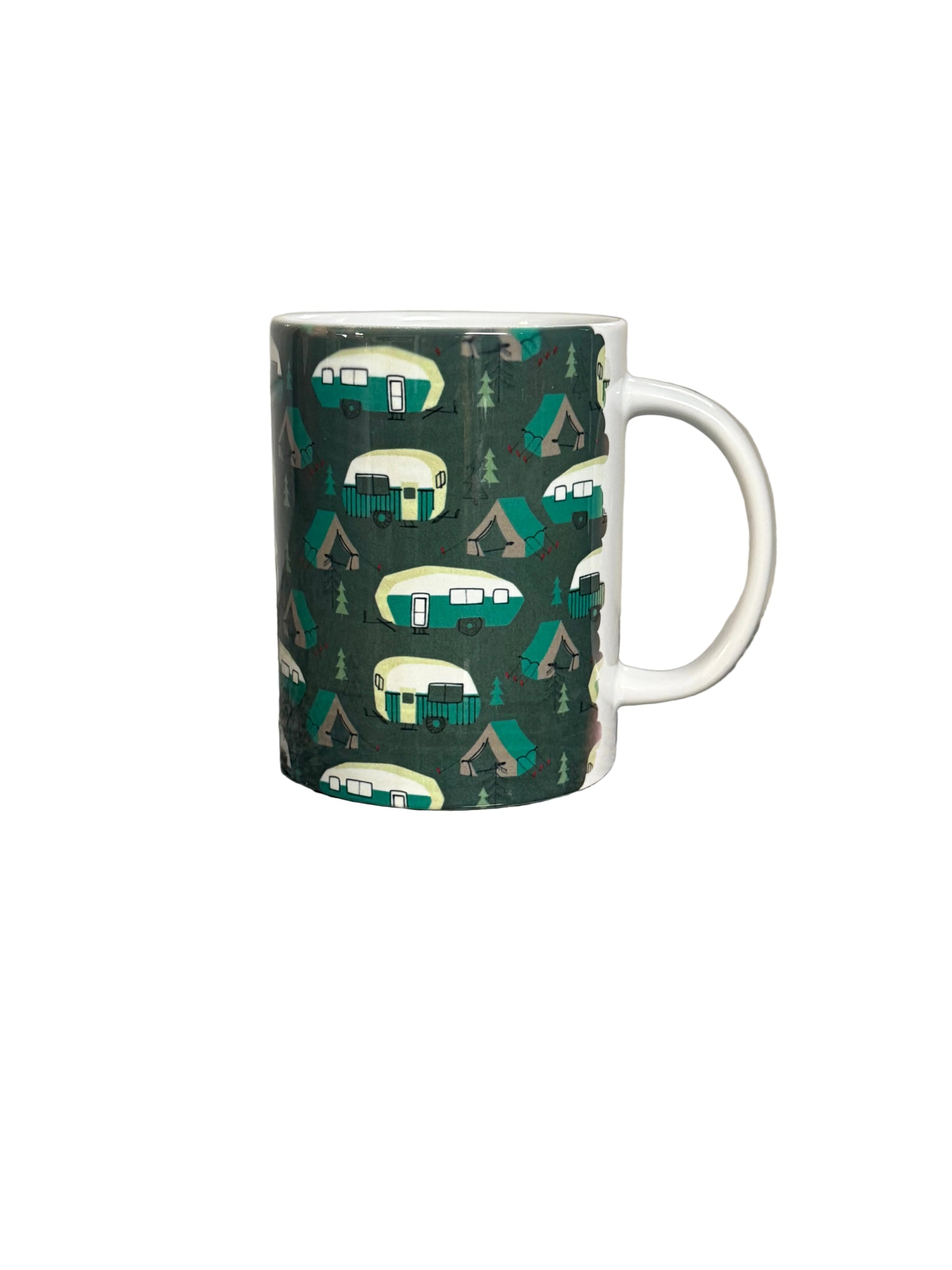 A white ceramic mug featuring a dark green camping-themed pattern with retro campers, tents, and pine trees, shown against a plain white background. Roxzell