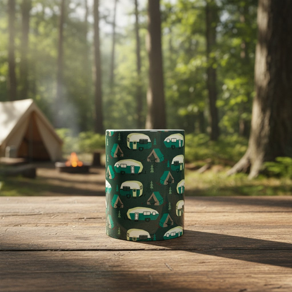 A coffee mug with a dark green camping-themed pattern of trailers, tents, and trees sitting on a wooden table with a blurred campsite background. Roxzell
