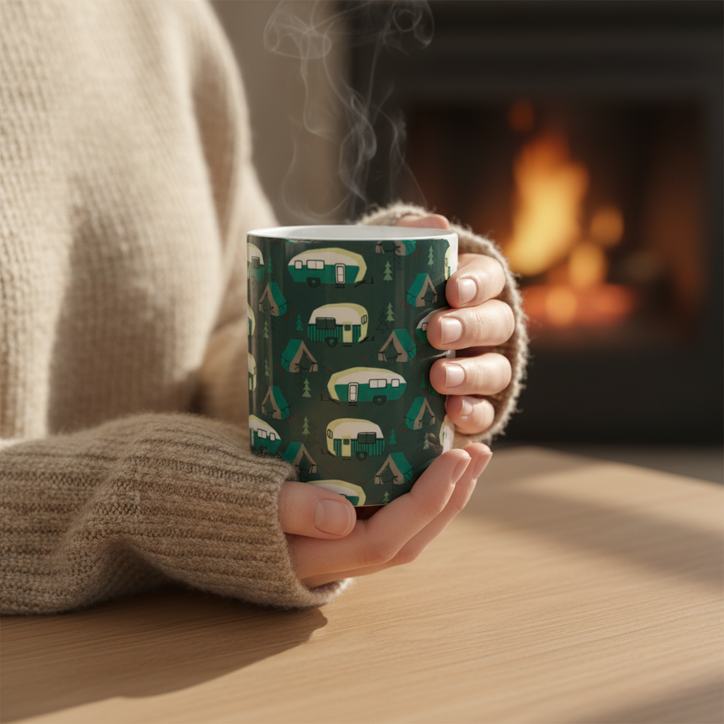 A person in a beige knit sweater holds a steaming mug with a dark green camping-themed pattern featuring vintage campers, tents, and trees. The background shows a warm, out-of-focus fireplace and a wooden table. Roxzell